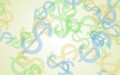 Multicolored translucent dollar signs on white background. Green tones. 3D illustration