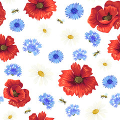 seamless pattern with poppies, daisies and cornflowers