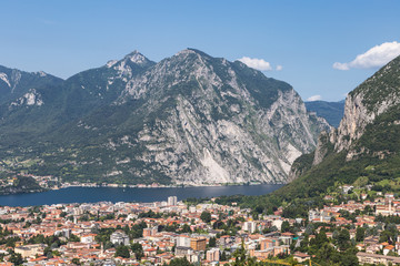 Fototapeta premium Stunning view of the city of Lecco by the famous lake Como in Lombardy in the alps in Italy