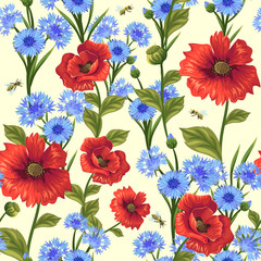 seamless pattern with poppies and cornflowers