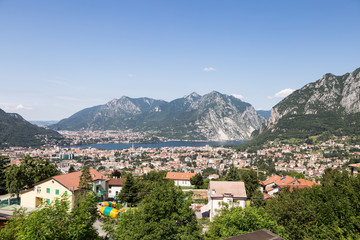 Fototapeta na wymiar Stunning view of the city of Lecco by the famous lake Como in Lombardy in the alps in Italy