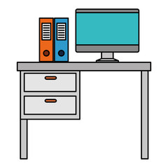 office workplace with desk and desktop scene vector illustration design