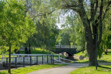 Green park and bridges in Oulu, Finland