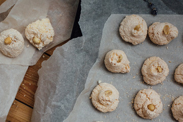 Baking tray with delicious coconut macaroons. Closeup