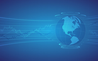 abstract financial candlestick chart in stock market and wireframe globe on blue color background