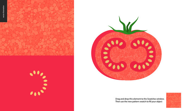 Food patterns, summer - vegetable fruit, tomato texture, small half of tomato image by the side - two seamless patterns of tomato fresh red pulp full of white redish seeds, on the red background