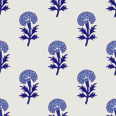 Woodblock printed indigo dye seamless ethnic floral all over pattern. Traditional oriental motif of India, flowers of Rajasthan, with blue marigolds on ecru background. Textile design. - 213810050