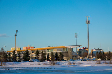View of Oulu in wintertime during sunset