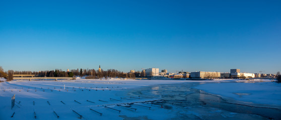View of Oulu in wintertime during sunset
