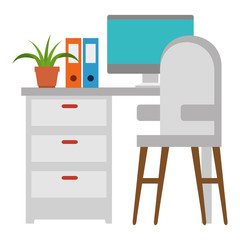 office workplace with desk and desktop scene vector illustration design