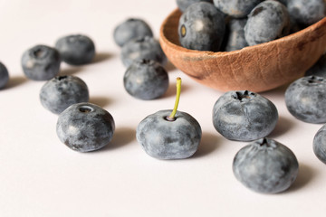 Fresh blueberries in a wooden spoon on a white background. Close up. The concept of natural food
