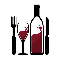 wine red bottle silhouette with cup and cutlery vector illustration design