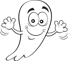 Black and white illustration of a happy ghost waving.