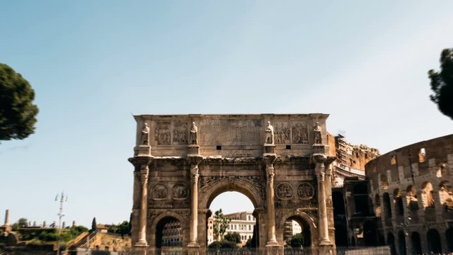 Hyperlapse of day of the Arch of Constantine near the Colosseum, Rome Italy