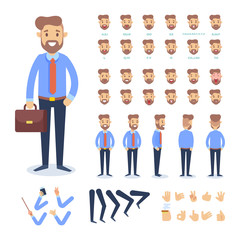 Fototapeta na wymiar Front, side, back view animated male character. Business man creation set with various views, face emotions, poses and gestures. Cartoon flat vector illustration.
