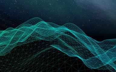 Star horizon. Abstract landscape on a dark background. Cyberspace grid. Hi-tech network. Outer space. Starry outer space texture. 3D illustration