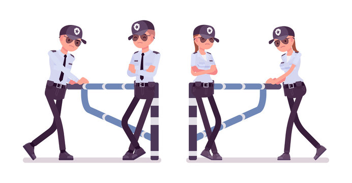 Male and female security guard at mechanical barrier