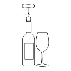 wine bottle silhouette with corkscrew and cup vector illustration design