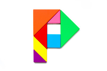 Color tangram puzzle in english alphabet p shape on white background
