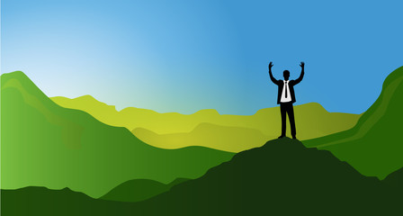 Obraz na płótnie Canvas Businessmen on a green mountain peak.