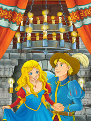 Obraz na płótnie Canvas cartoon scene with prince and princess talking together in the castle room - illustration for children
