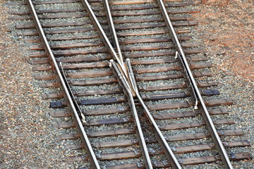 Fototapeta na wymiar The railway junction. Rails on old wooden sleepers