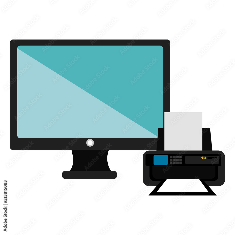 Poster computer display with printer vector illustration design