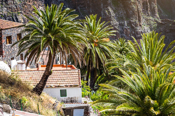 Fototapeta na wymiar Mountain Landscape of the Masca Gorge. Beautiful views of the coast with small villages in Tenerife, Canary Islands