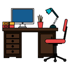 office workplace with desk and desktop scene vector illustration design