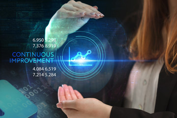 The concept of business, technology, the Internet and the network. A young entrepreneur working on a virtual screen of the future and sees the inscription: Continuous improvement