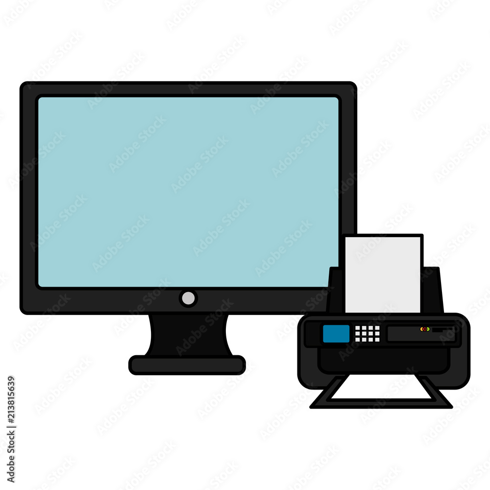 Poster computer display with printer vector illustration design
