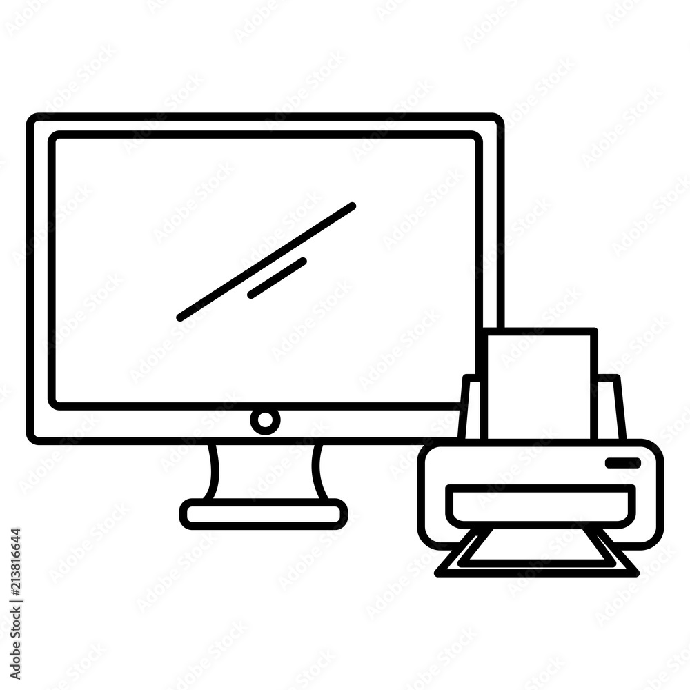 Poster computer display with printer vector illustration design