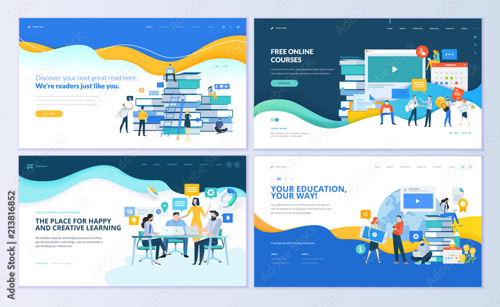 Wall mural set of web page design templates for distance education, online courses, e-learning, tutorials. mode