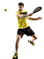 Foto op Plexiglas one caucasian man playing Padel tennis player isolated on white background © snaptitude