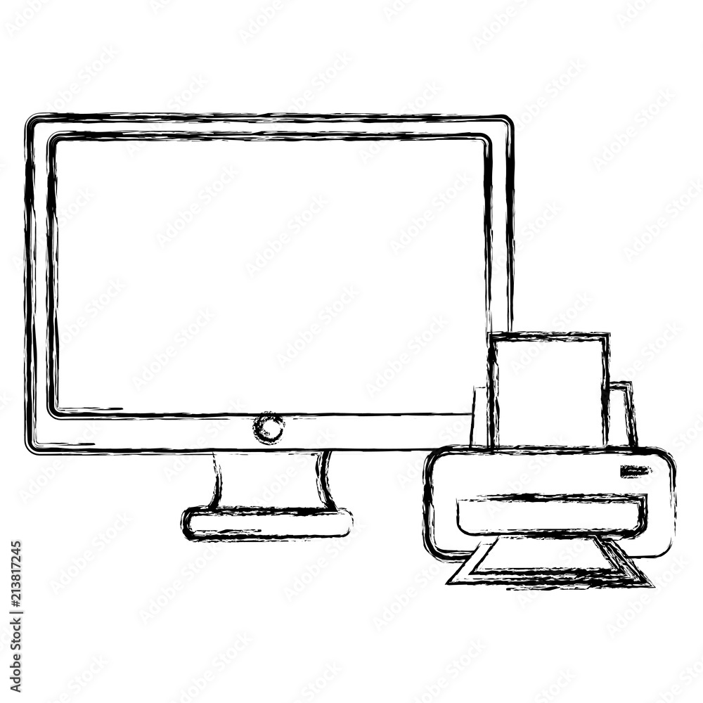 Poster computer display with printer vector illustration design