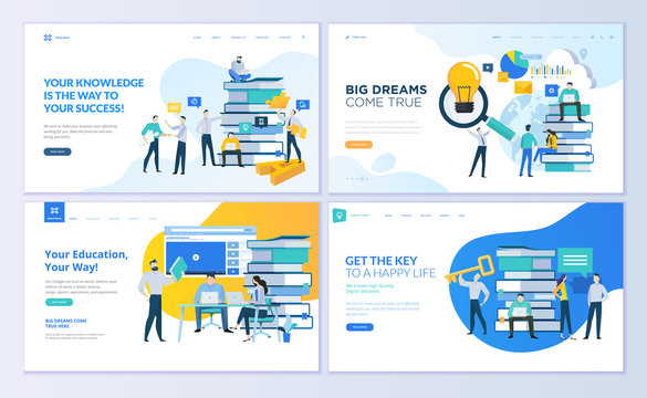 Set of web page design templates for education, know how, university, business solutions. Modern vector illustration concepts for website and mobile website development. 