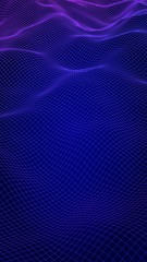 Abstract landscape on a blue background. Cyberspace grid. Hi-tech network, technology. Vertical image orientation. 3D illustration