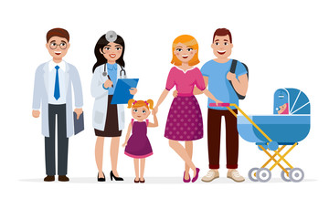 Family doctor and healthy family cartoon characters concept illustration in flat design. Two doctors and young family having checkup smiling isolated on white background.