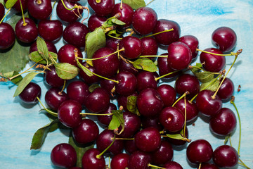 Fresh sweet cherries bowl with leaves in water drops on wooden blue background