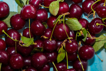 Closeup of ripe cherries with stalks. Large collection of fresh red cherries. Ripe cherries background.