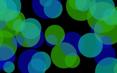 Multicolored translucent circles on a dark background. Green tones. 3D illustration