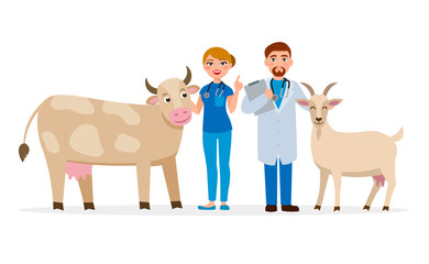 Vets and healthy farm animals - cow and goat vector flat illustration. Cheerful Medical staff cartoon characters having health examination of the cattle.