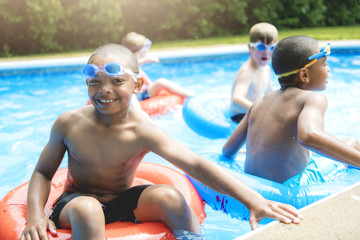 Children in outside swimming pool
