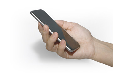 gesture, smartphone in hand on a white background