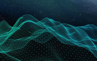 Star horizon. Abstract landscape on a dark background. Cyberspace grid. Hi-tech network. Outer space. Starry outer space texture. 3D illustration