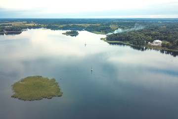 Drone aerial view of lake Galve, Trakai Lithuania