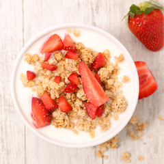 muesli, milk and strawberry