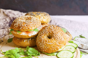 Homemade bagels with cream cheese and cured salmon