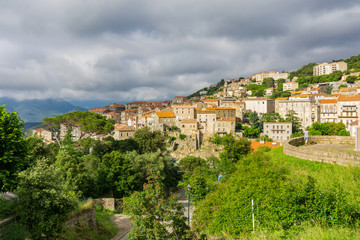 Fototapeta na wymiar Landscape on Corsica island, beautiful view of Calvi town with castle on hill in summertime, France