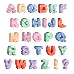 Meubelstickers Alfabet Kinderlettertype in de kindertijd in cartoonstijl. Een set van kleurrijke heldere letters voor inscripties. Vectorillustratie van het alfabet. 3D-brief.